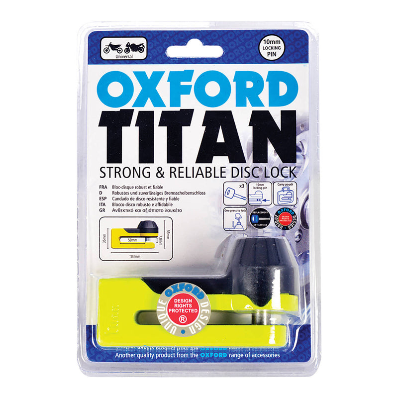 Load image into Gallery viewer, Oxford Titan 10mm Pin Disc Lock - Yellow, includes pouch