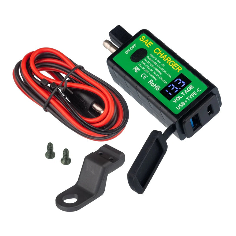 Load image into Gallery viewer, Motoplug SAE to USB with Voltmeter - 1 x USB-A & 1 x USB-C