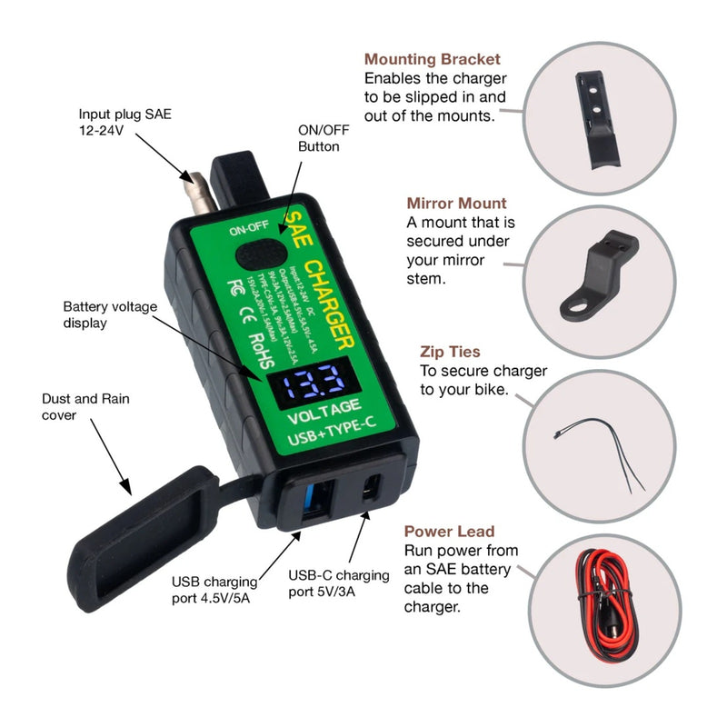 Load image into Gallery viewer, Motoplug SAE to USB with Voltmeter - 1 x USB-A &amp; 1 x USB-C
